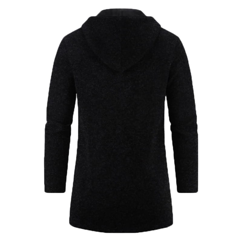 Suéter con capucha de color negro con textura para hombre y mangas largas, de frente, mostrado para la sudadera con cremallera extragrande para hombre en invierno.