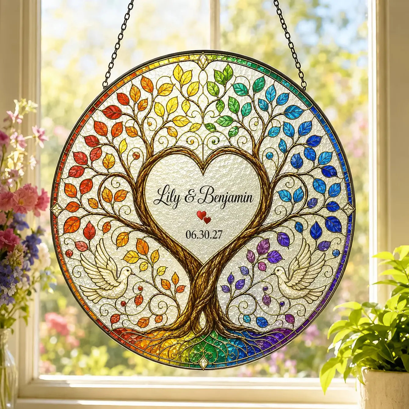 Regalo de boda personalizado de vitrales del árbol de la vida que presenta una decoración colgante de ventana circular con un árbol de hojas arcoíris de colores, dos palomas y un centro en forma de corazón con grabado con nombres y fecha.