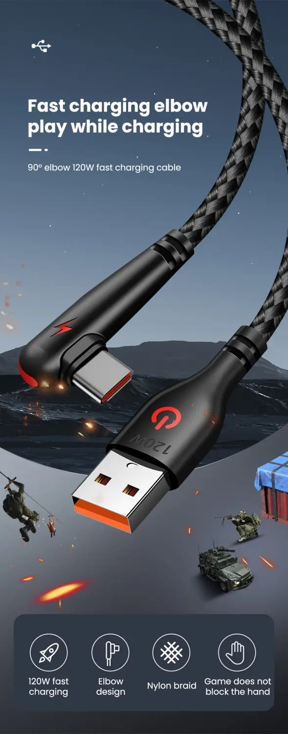 Schwarzes Nylon-Geflecht-Kabel für Schnellladung mit 120 W, USB-Typ-C-auf-USB-A, mit orangefarbenen Akzenten und 90-Grad-Winkel-Design für eine effiziente Stromübertragung.