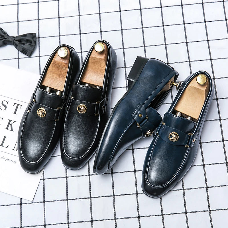 Men Business Dress Casual Fashion Elegant Formal Shoes Slip-on Evening Dress Loafers Party Metal Buckle Wedding Leather Shoes