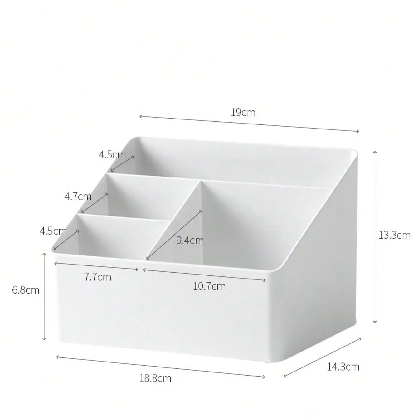 White plastic desk organizer and remote holder featuring multiple compartments for efficient storage and organization.