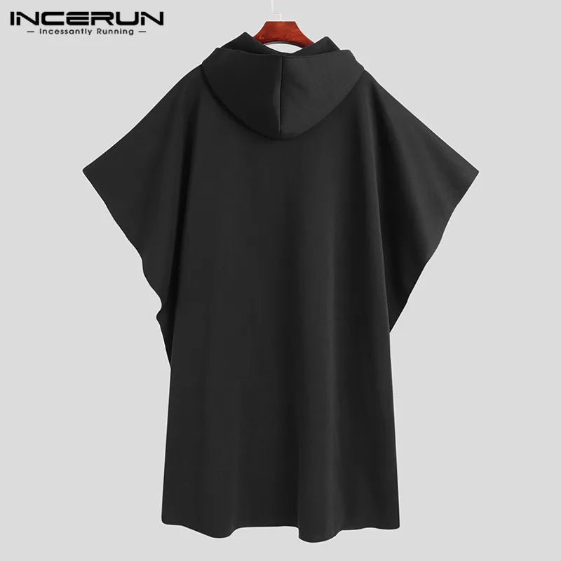 INCERUN Fashion Men Cloak Coats Solid Color Loose Hooded Streetwear 2025 Men Long Style Trench Windproof Winter Cape Jackets Men