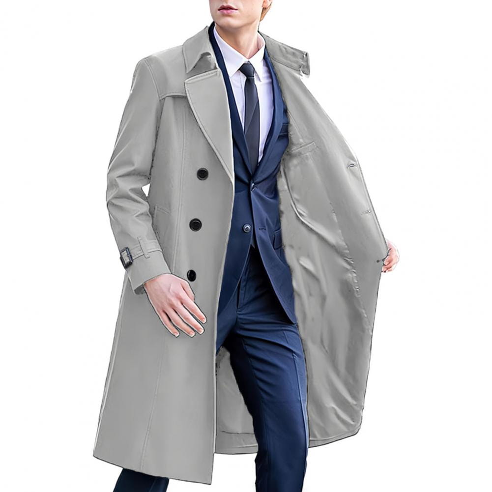 A sleek light gray men windbreaker trench coat with black buttons classic double-breasted design long sleeve and regular clothes length.