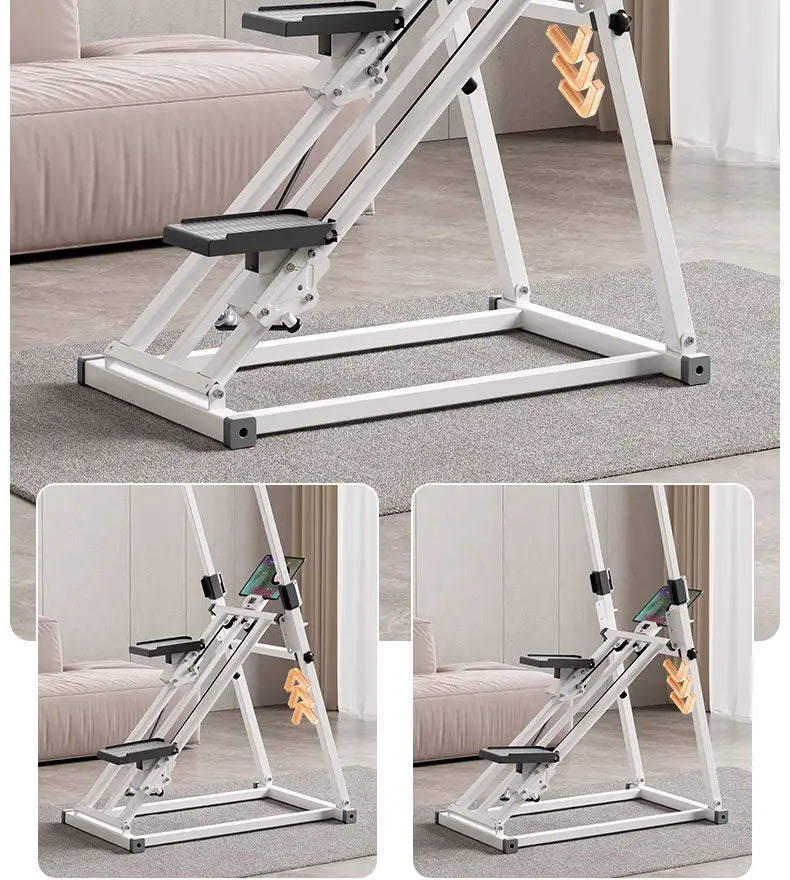 Machine d’escalier en métal blanc pour le fitness à domicile, équipement d’étape, avec plateformes pour les pieds noires et poignées en bois.