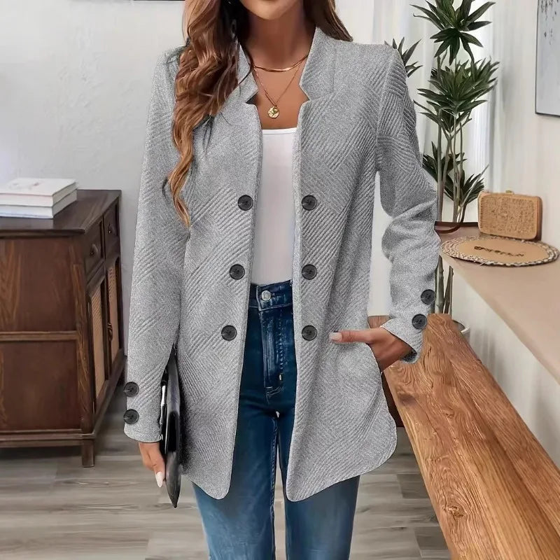 Solid Color Double-Breasted Women's Blazer with Diagonal Texture Stand Collar Long Sleeve Suits Casual Office Commute Outerwear