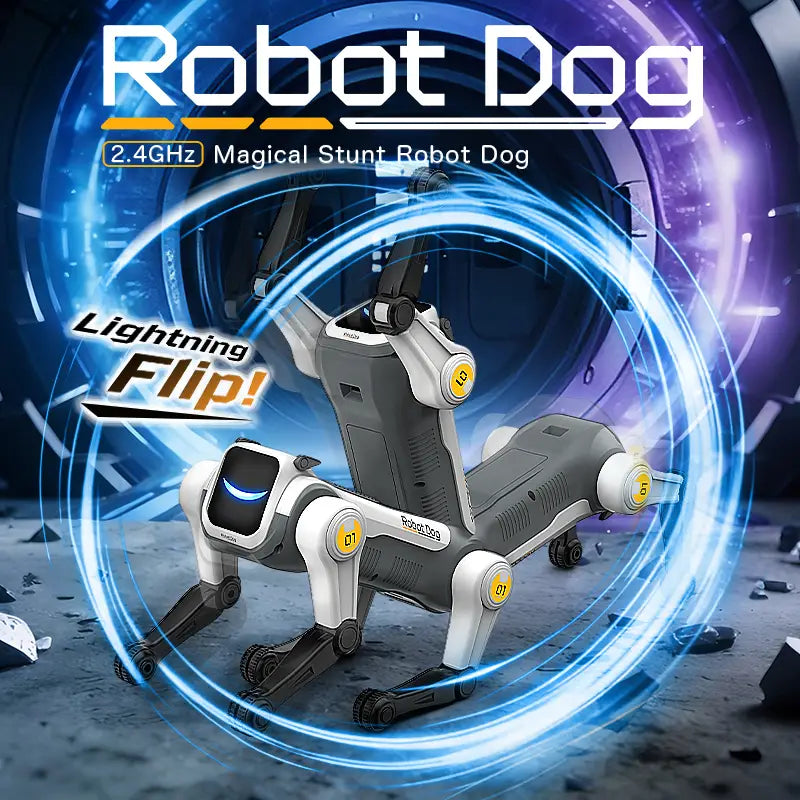gray and white robot dog toy with black legs and yellow circular accents on its joints features voice control and rolling stunts, making it an ideal birthday gift.