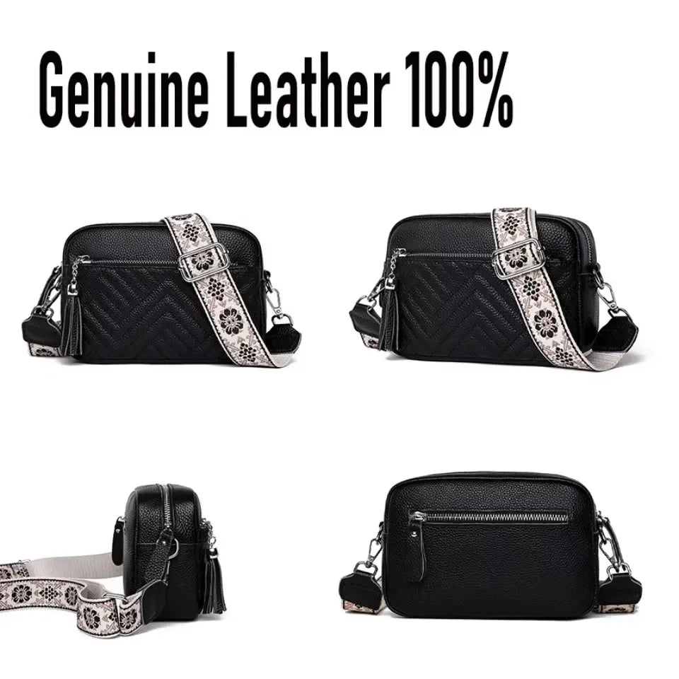 Genuine Leather Women Quilted Shoulder Bag Guitar Strap Zipper Sling Bag Casual Mobile Phone Pouch Handbag Purse Travel Work Bag