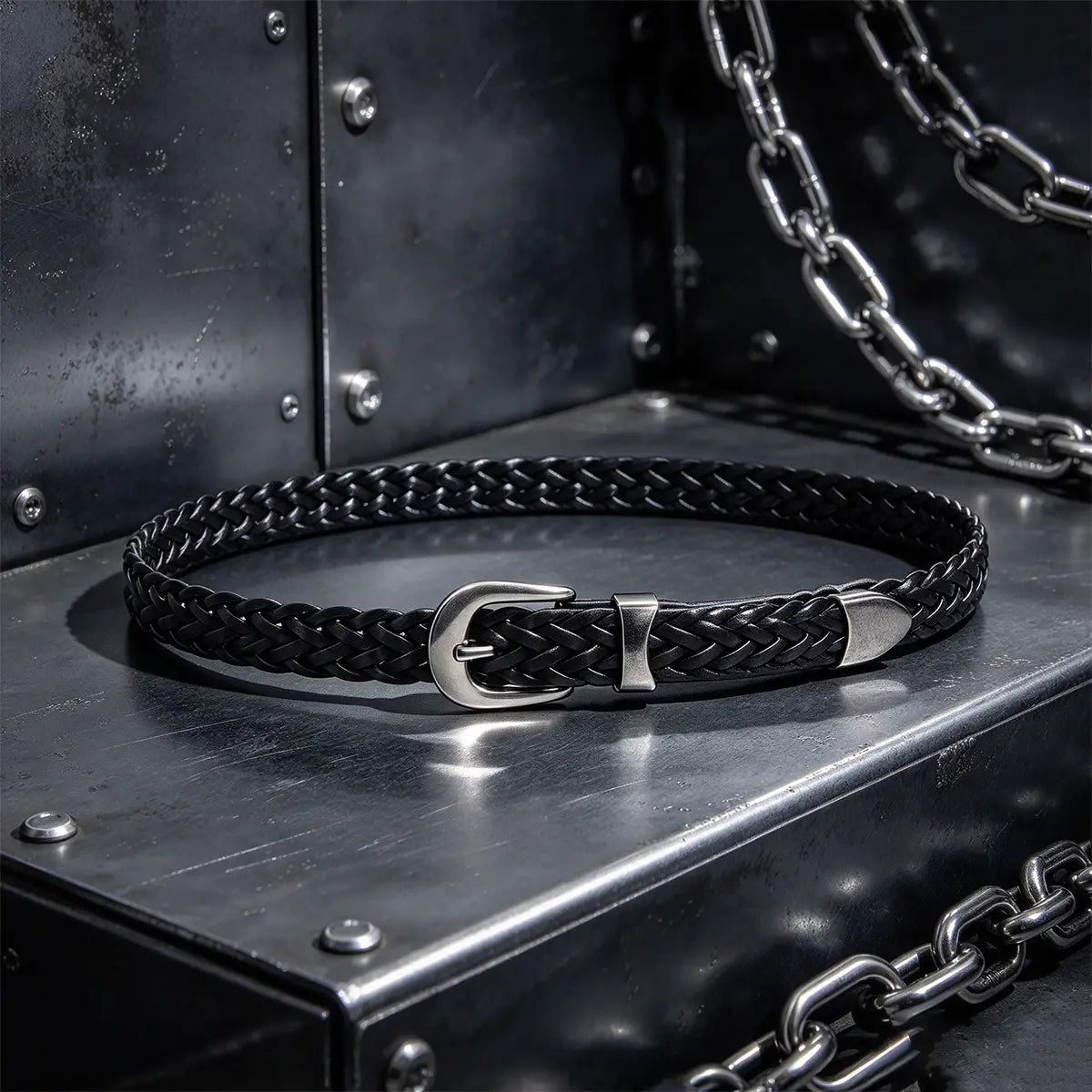 Black braided leather fashion belt male with a silver-toned buckle designed as a luxury designer punk belt male cross waistband