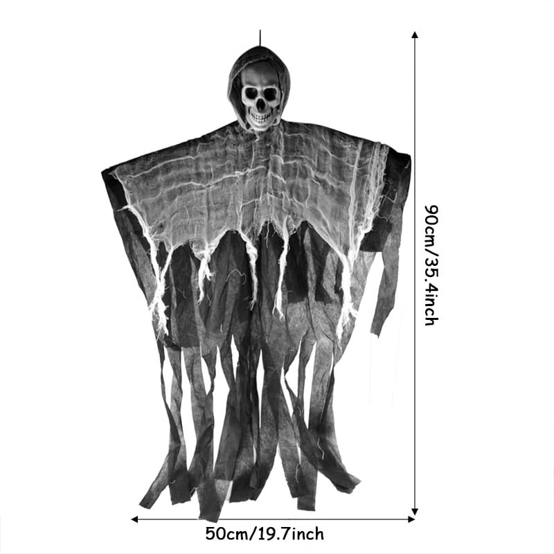 a black spooky hanging ghost halloween decoration featuring a hooded skull head and tattered fabric body suitable for creating eerie effects in a remote area