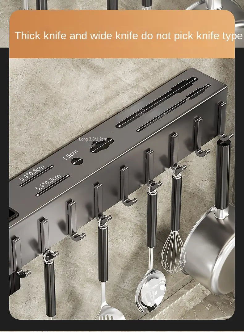 black metal wall mounted kitchen utensil holder and knife rack with multiple hooks and engraved measurements for organized storage