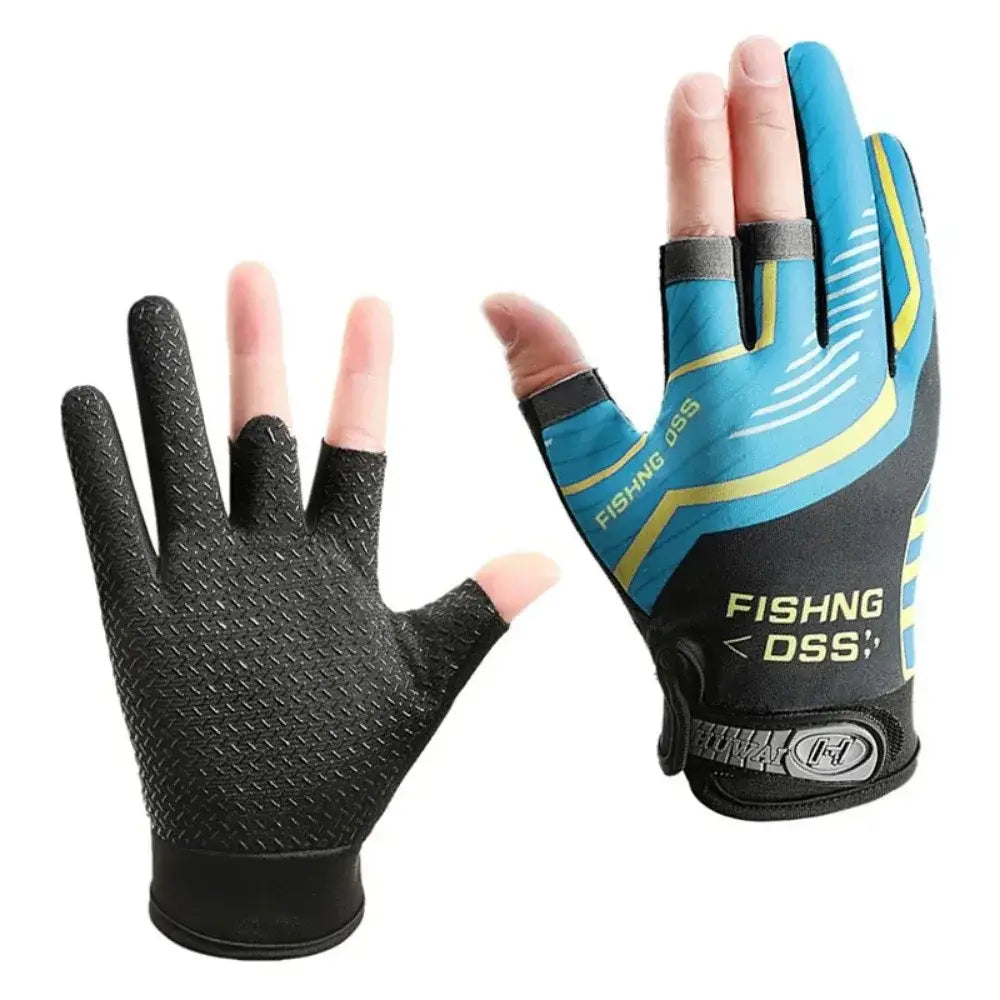 Ice silk three finger fishing gloves in blue and black with textured grip on the palm designed for enhanced fishing performance.