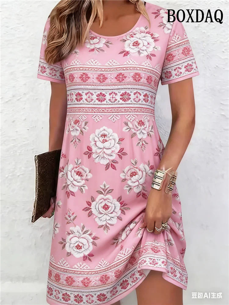 Ethnic Style Pattern 3D Printing Dresses For Women 2026 Fashion Summer Short Sleeve Loose A-Line Dress Casual Women's Clothing
