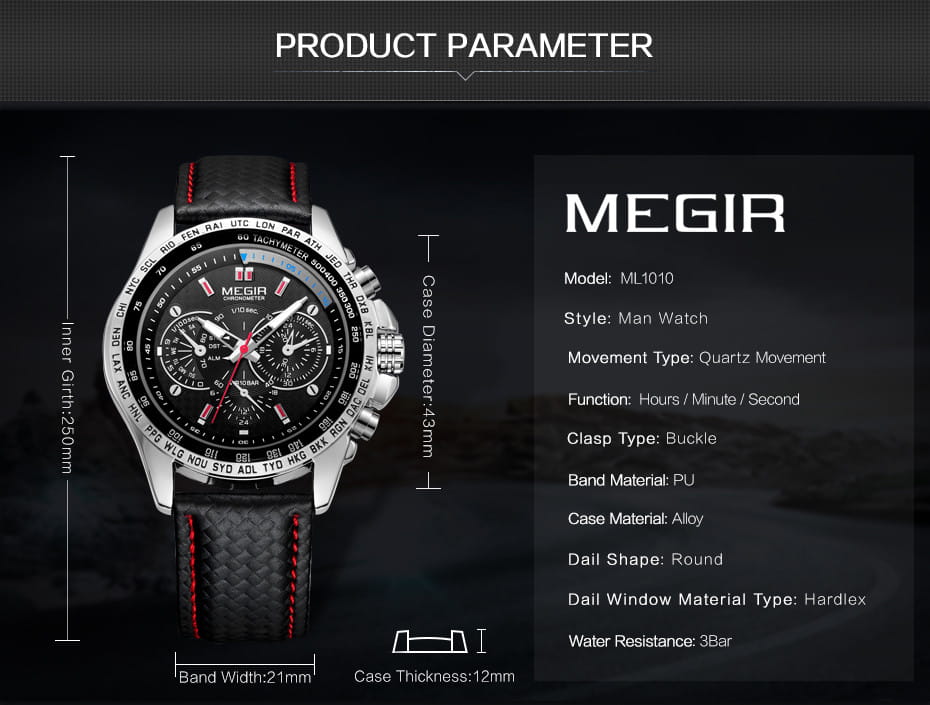 Megir 1010 men quartz chronograph watch in silver tone with a black dial red accent stitching on the textured black pu strap and an alloy case.