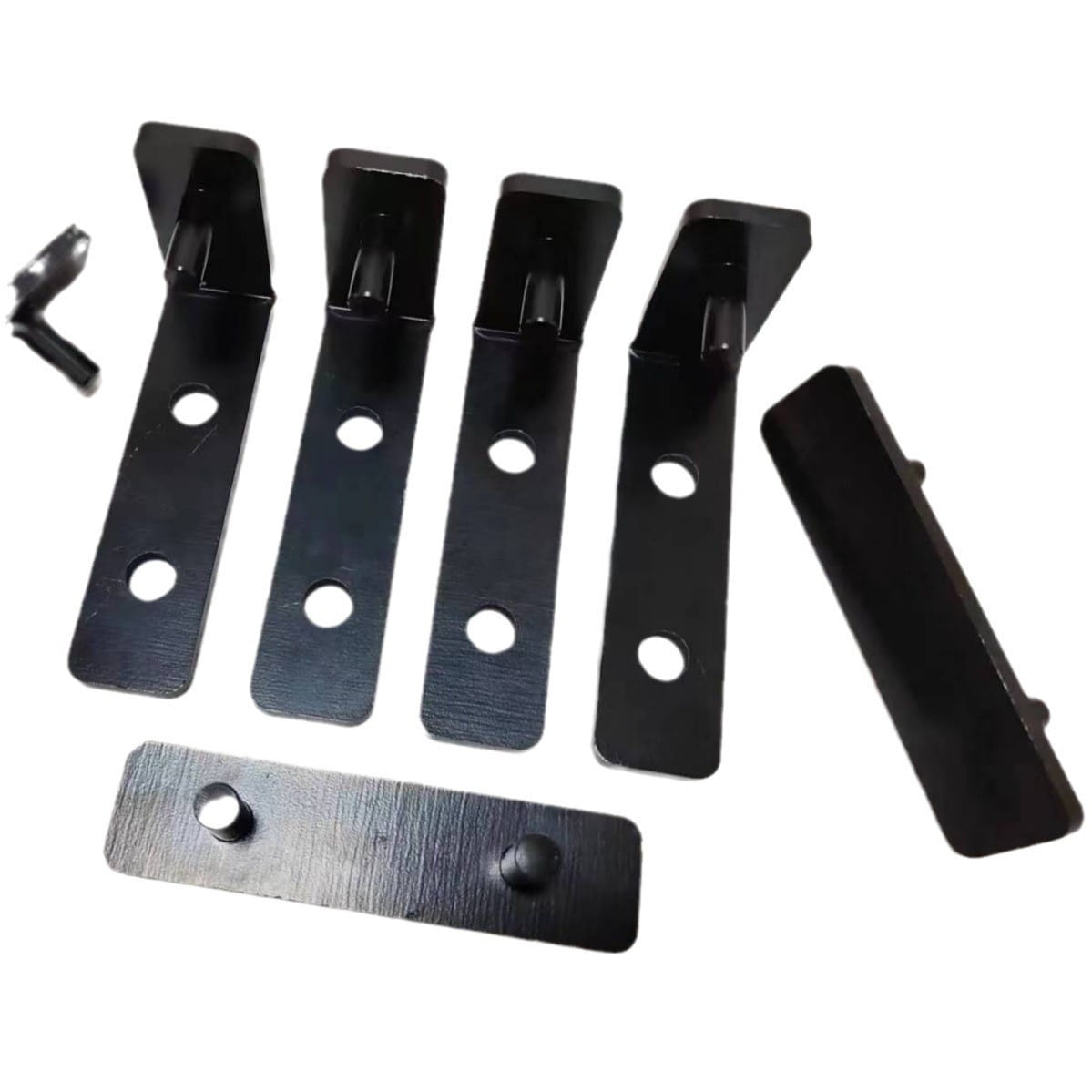 Set of four heavy duty l shaped black metal shelf brackets with circular mounting holes and matching flat base plates supporting up to 200kg.