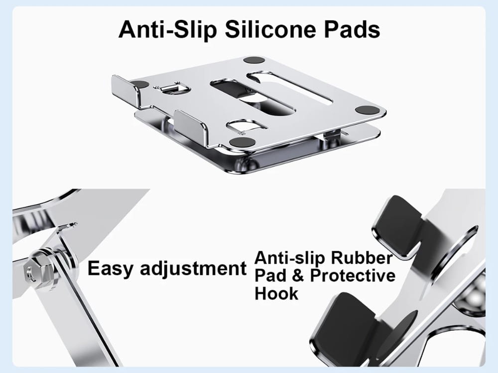 Silbermetallischer verstellbarer Aluminium-Tablet- und Telefonständer mit schwarzem rutschhemmendem Silikon sowie Gummi-Pads für einen sicheren Stand