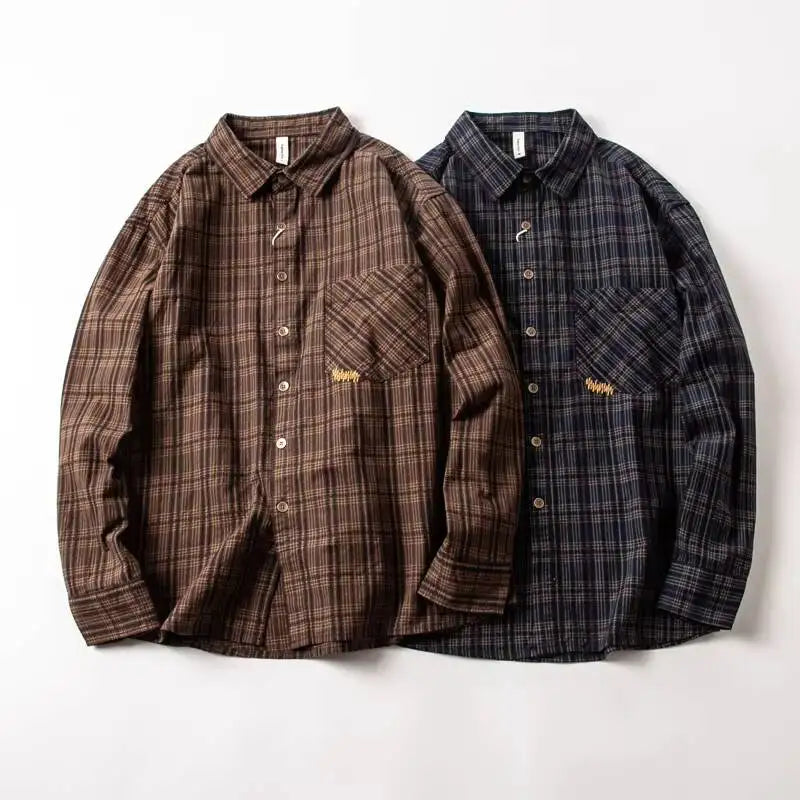 Men's Casual Washed Cotton Plaid Dress Shirt Japanese Retro Embroidered Long Sleeve Spring Autumn Male Button Down Tops Shirts