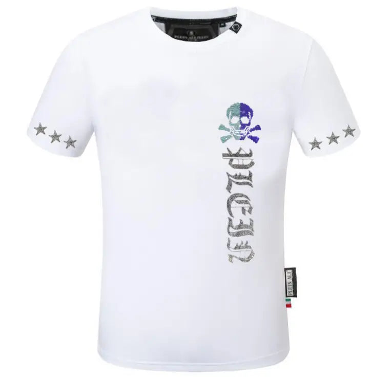 Men rhinestone devil bear graphic tee white short-sleeved t-shirt with a glittery skull and crossbones design and the word freedom stitched vertically in silver with star motifs on each sleeve.