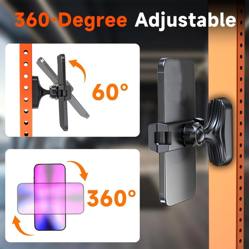 Black adjustable magnetic gym phone holder with 360-degree rotating arm for versatile positioning and secure mounting.