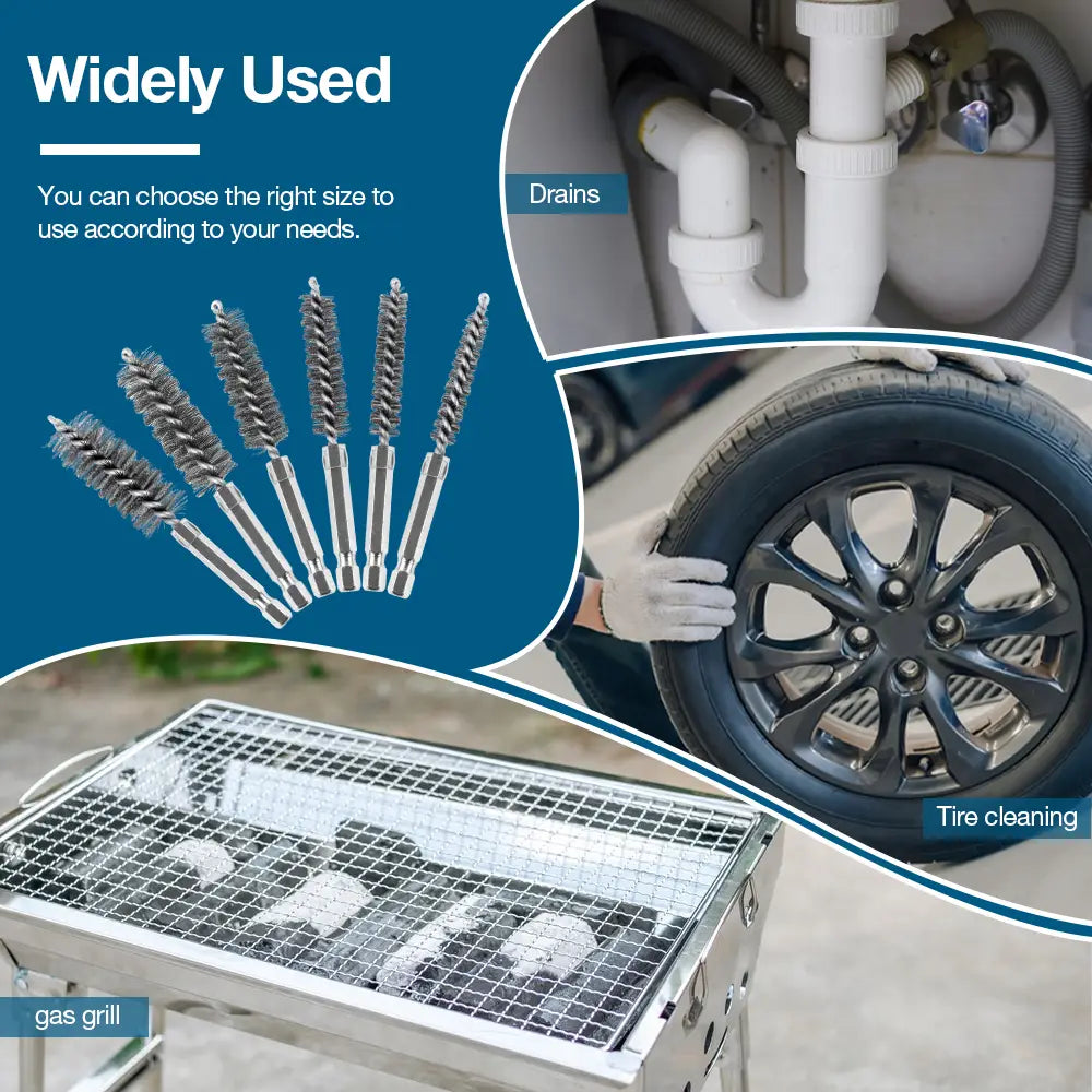Set of five stainless steel wire bore brushes with varying lengths and diameters designed for cleaning drains tires and gas grills
