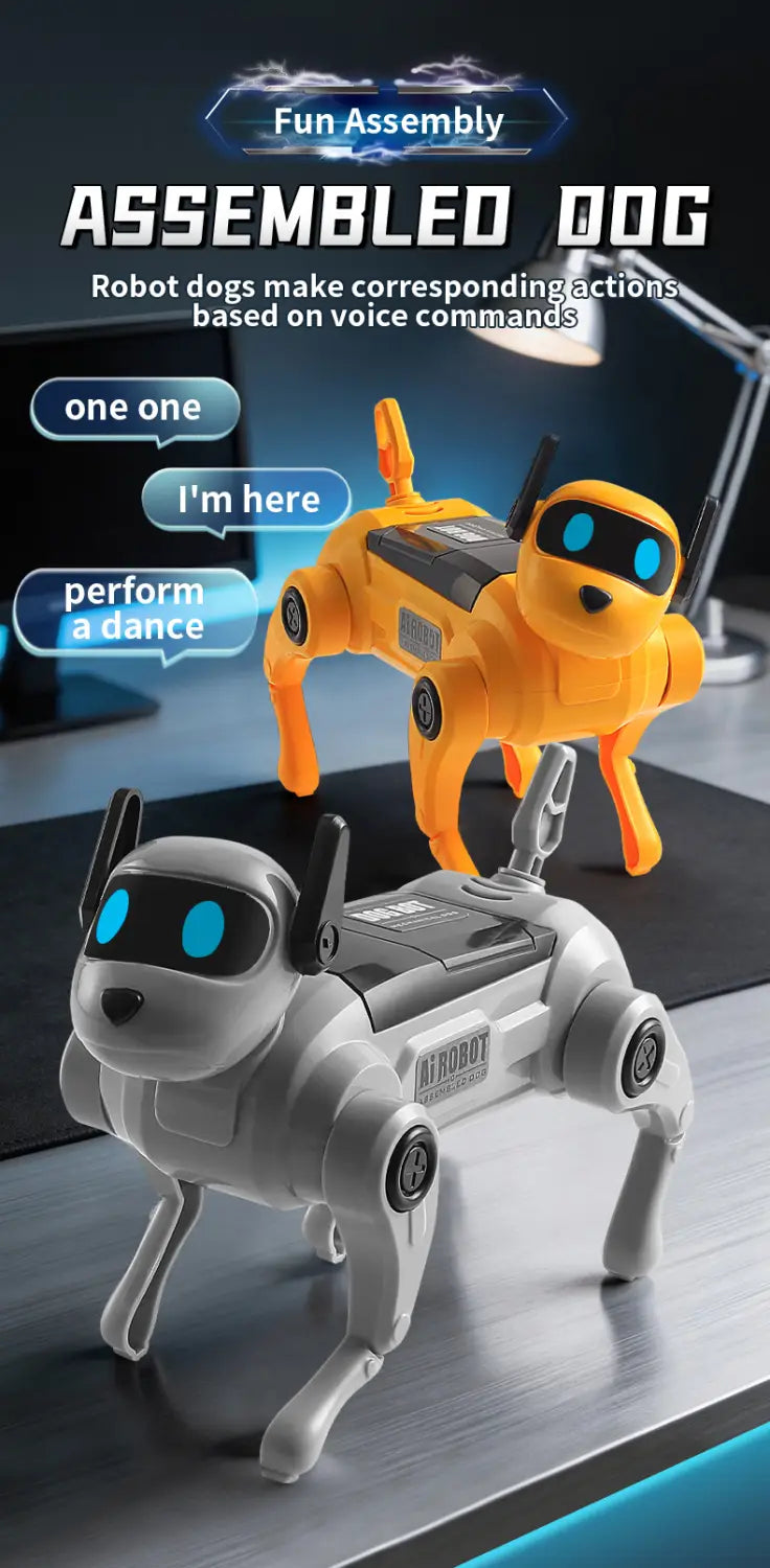 Gray and orange diy assembled dog robot toys with blue glowing eyes made from abs plastic for interactive voice control play from mainland china.