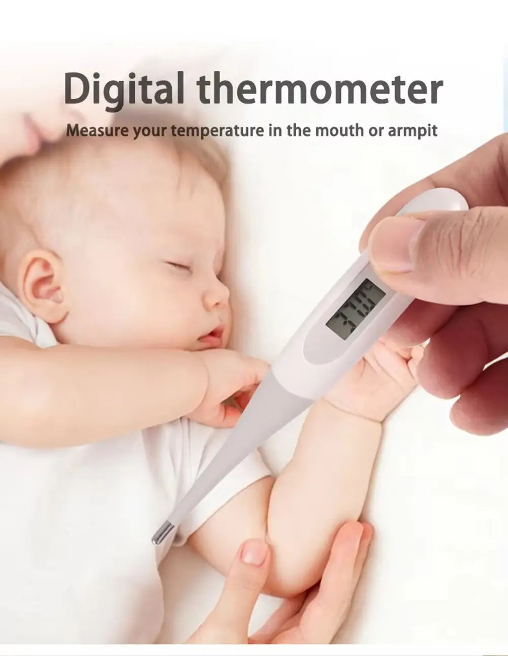 Weißes und graues digitales Thermometer mit schlankem, ergonomischem Design zur Messung der Temperatur im Mund oder in der Achsel, enthalten im Baby-Pflege-Set für Neugeborene.