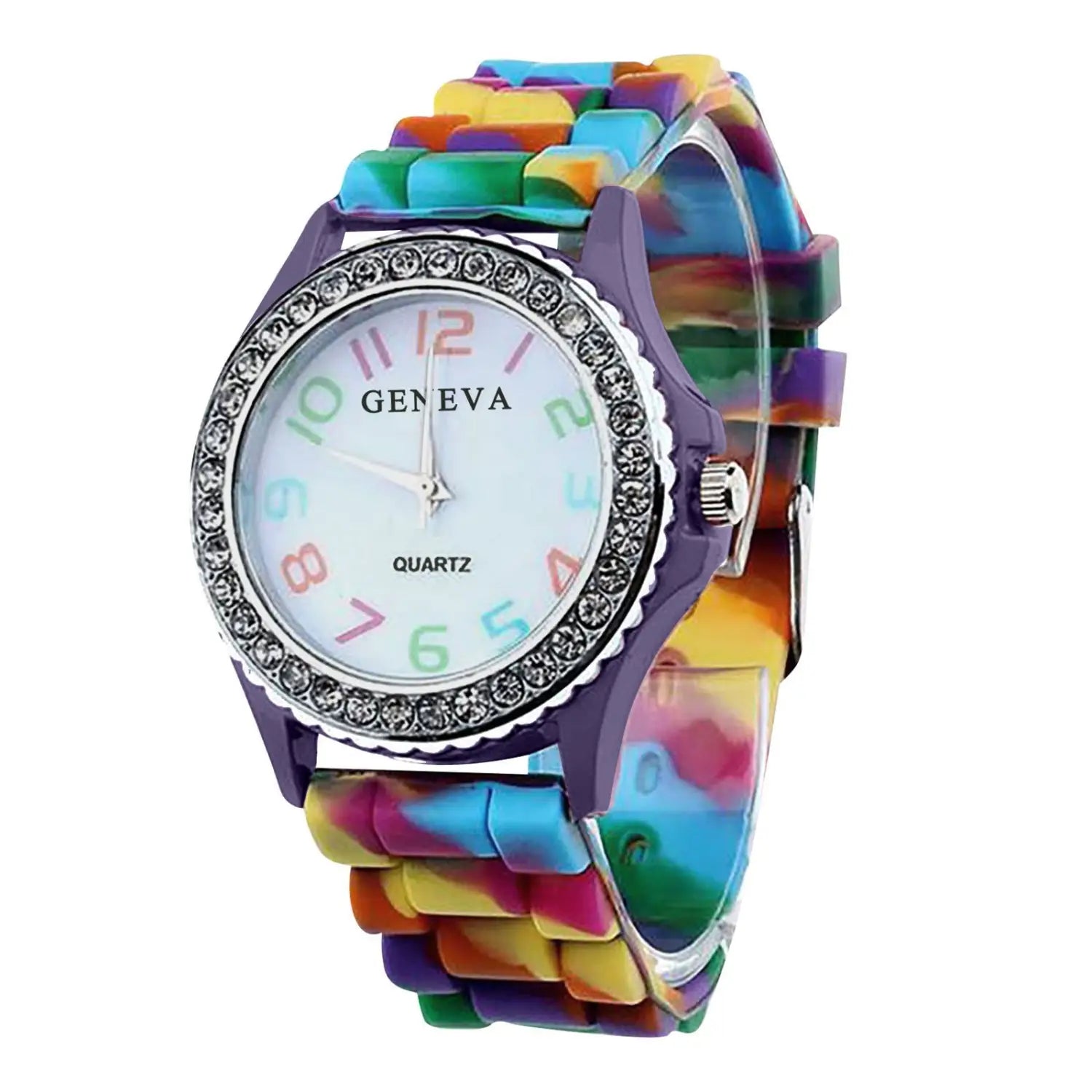 A girls crystal bling rainbow silicone watch featuring a vibrant rainbow-colored band, purple case, crystal-encrusted bezel, and multicolored numerals on a white face.