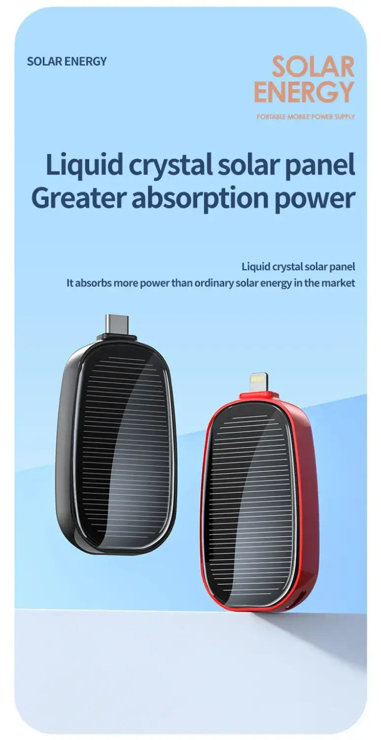 black and red liquid crystal solar panels with usb ports on a 1200mah solar power bank key ring portable charger designed for on-the-go mobile power supply
