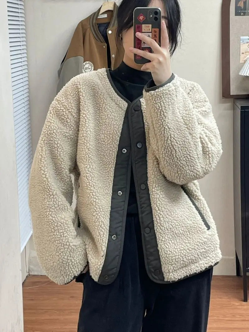 Fashionable and Versatile Lamb Wool Jacket for Women in Winter with Thick Cotton Padded Coat and Loose Cardigan Top