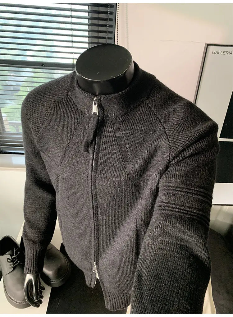 dark gray ribbed knit pullover sweater with full zip, high collar, and textured panels available in size shoulder chest length from m to 3xl