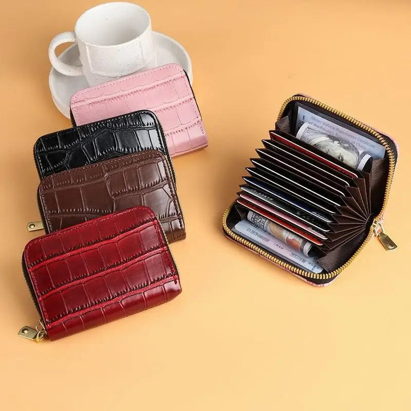Leather Card Holder Wallet With Multiple Accordion-style Slots Zipper Closure For Daily Use Travel Shopping