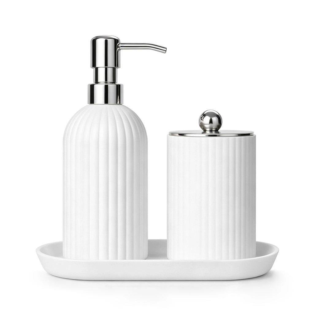 3pcs/set White Bathroom Accessories Set, Farmhouse Organizer with Soap Dispenser, Qtip Jar and Tray for Bathroom Sink
