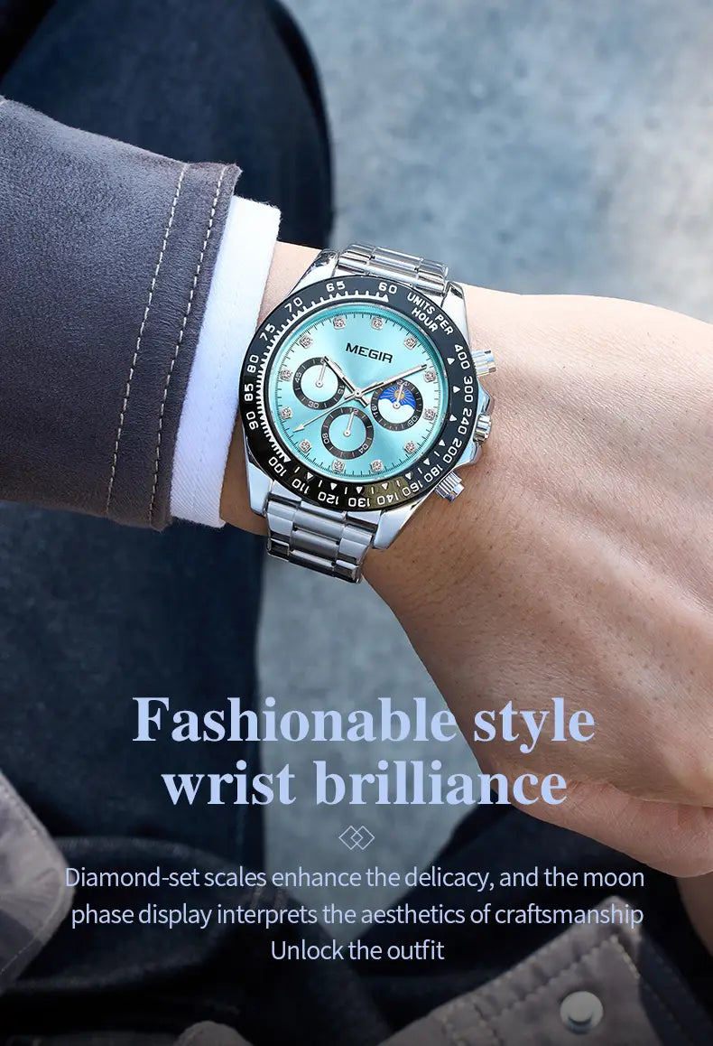 Silver-toned megir men luxury sports quartz watch with a light blue dial, black tachymeter bezel, and three subdials including a moon phase indicator.