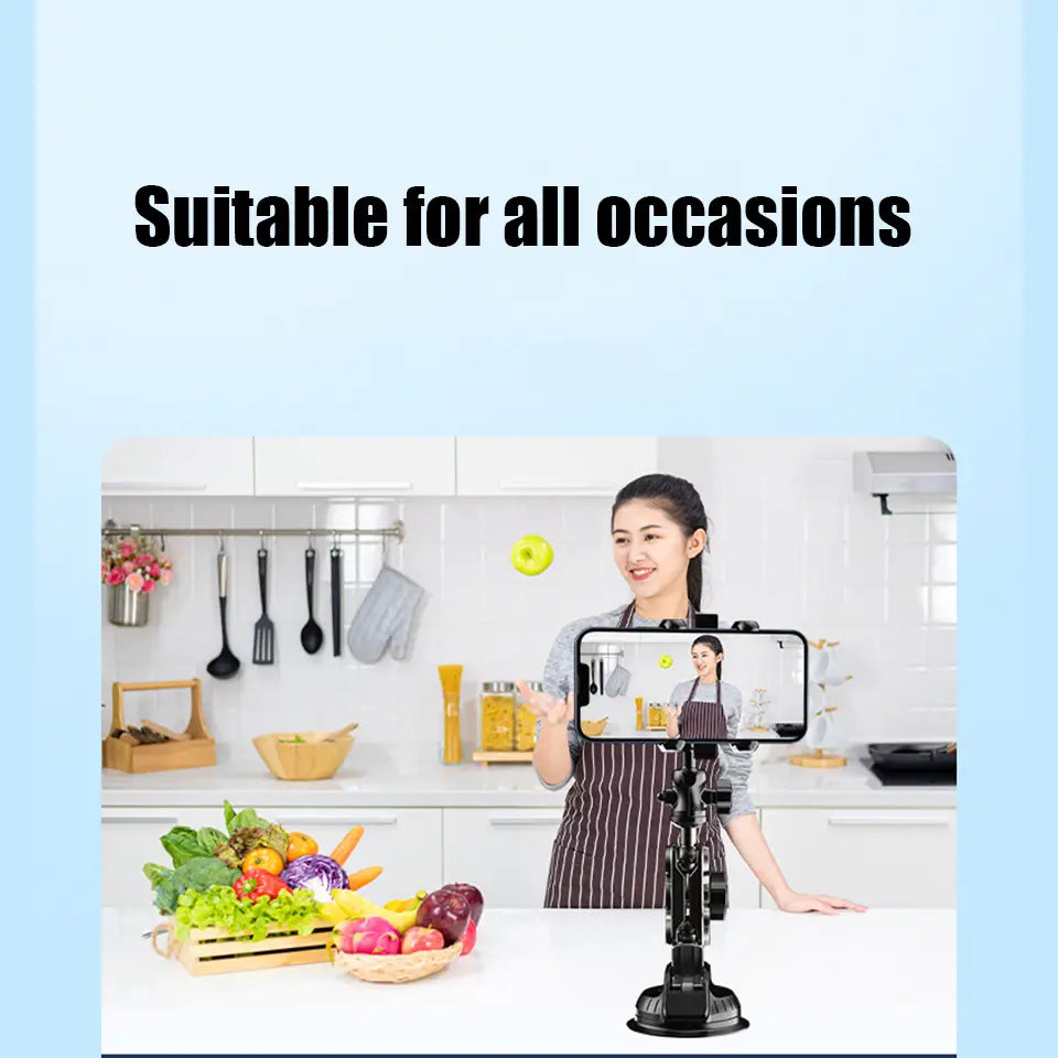 Black smartphone tripod with adjustable arms and a suction cup base designed as a tablet holder suction cup windshield mount for similar size devices.