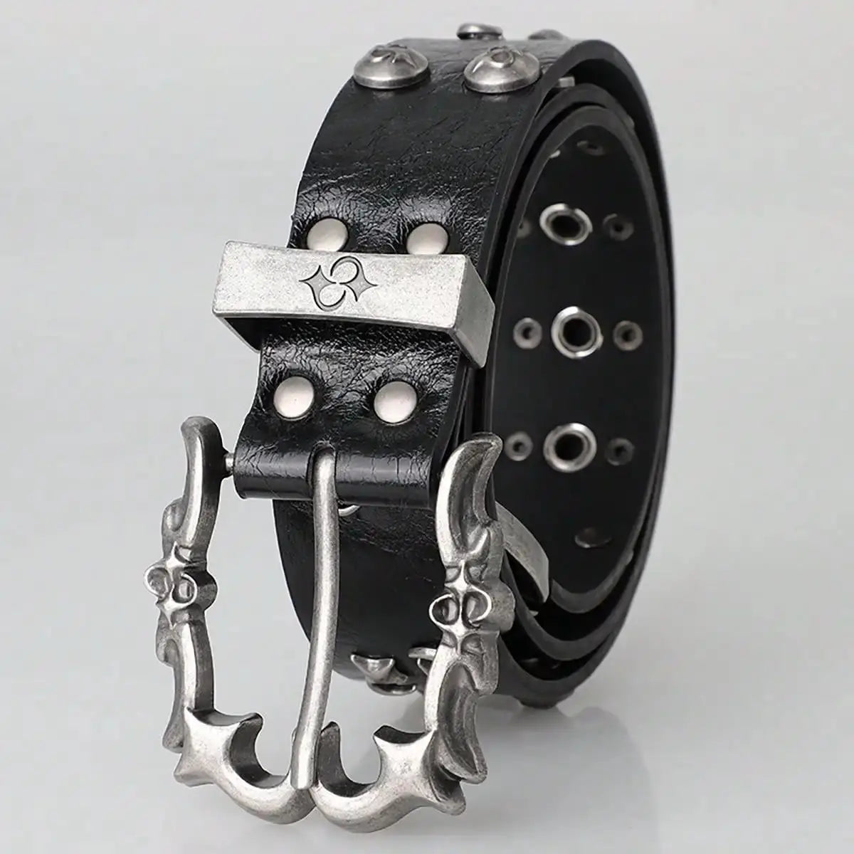 Ceinture unisexe en cuir noir style punk rock Y2K, avec rivets métalliques à l’aspect argenté et une boucle gothique ornée au design bohème rétro