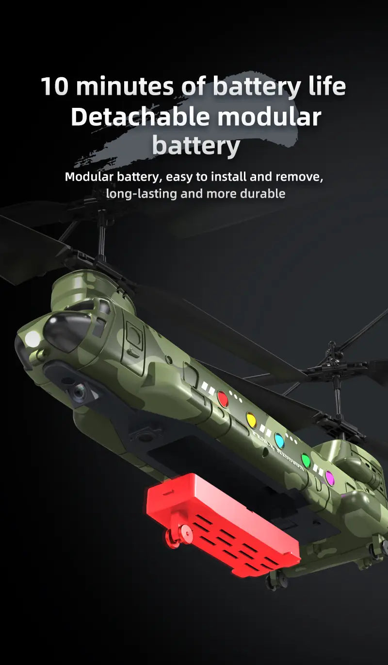 Helicóptero teledirigido verde estilo militar con batería modular roja desmontable, diseñado para fotografía aérea y para el desarrollo de habilidades.