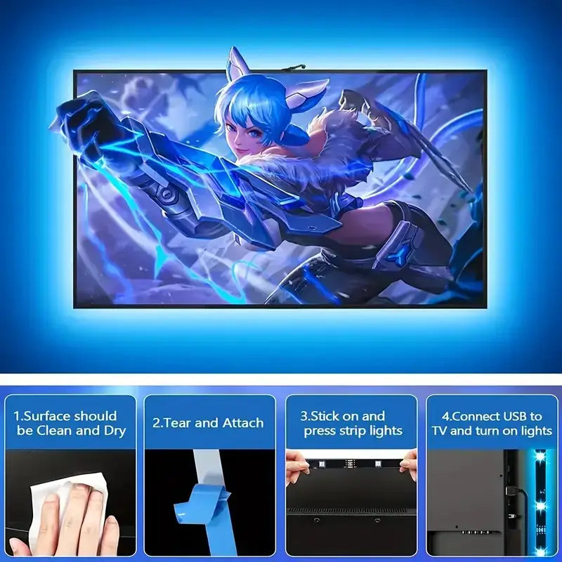blue led tv backlight strip with adhesive backing designed for style smart led ambient lighting along the edge of a monitor or tv.