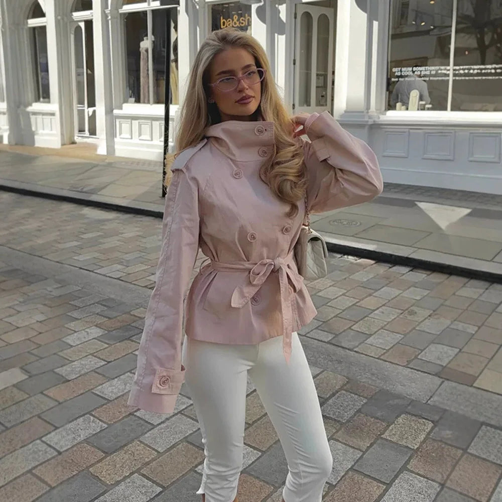 Women's New Short Trench Coat Women's Stand-up Collar Double-breasted Lace-up Waist Jacket