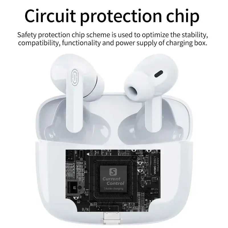 Weiße kabellose Bluetooth-Ohrhörer mit aktiver Geräuschunterdrückung in einer passenden Ladetasche; zeigt den Innenaufbau mit dem Schutzchip des Stromkreises, beschriftet mit „Current Control“.