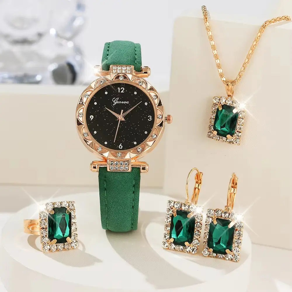 Black leather women quartz watch set featuring an emerald green suede strap watch with a rose gold case adorned with crystals and a black starry dial.
