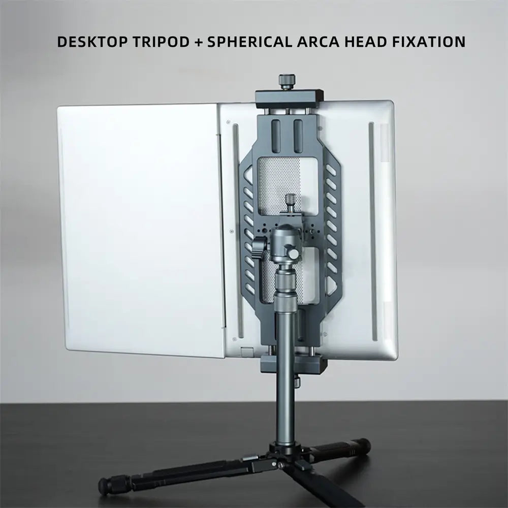 Aluminum vertical laptop stand for tripods in sleek matte black with spherical arca head fixation for stable camera support on flat surfaces.