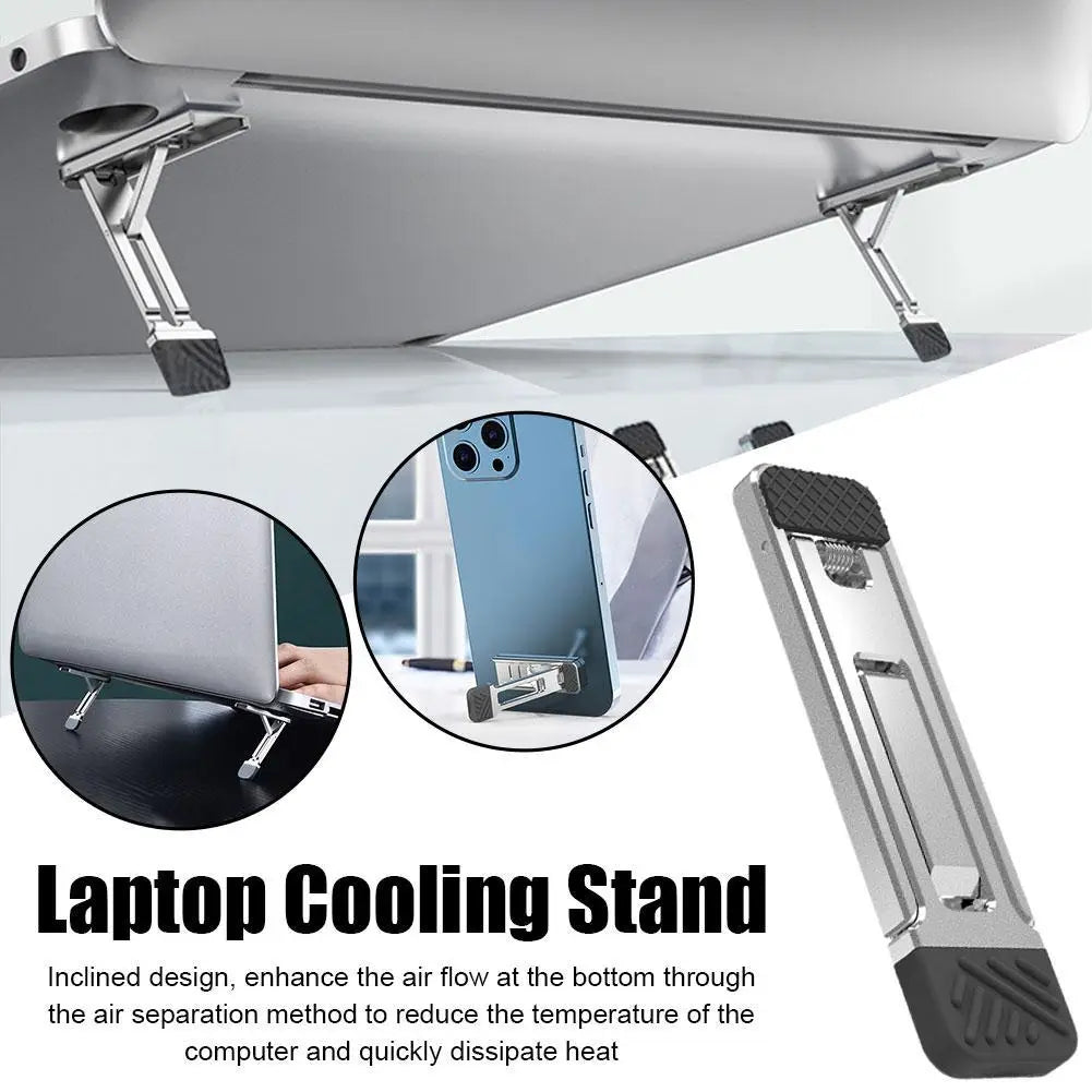 Support portable pour ordinateur portable pliant en aluminium, argent, avec une conception d’inclinaison réglable et élégante, ainsi que des patins en caoutchouc noir pour le refroidissement et la stabilité.