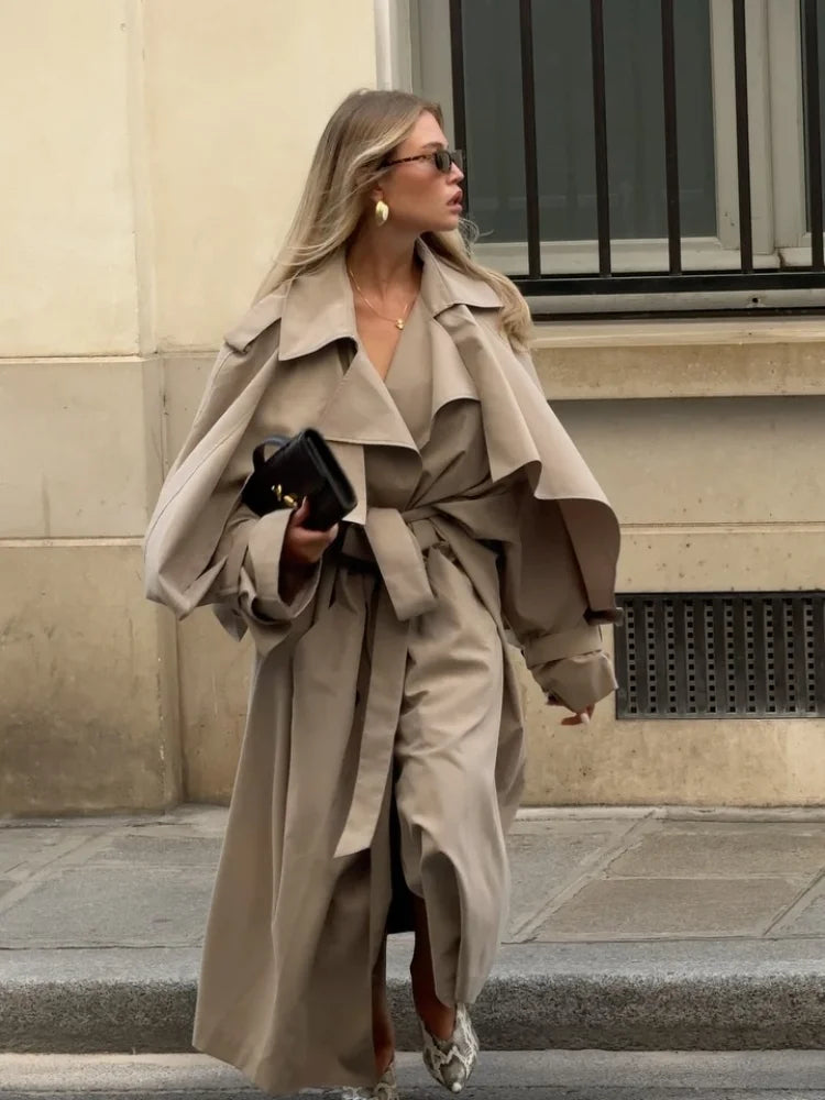 Women Casual Lace Up Long Trench Coat Chic Solid Color Full Sleeve Lapel Windbreaker 2025 New Fashion Loose Commute Jackets