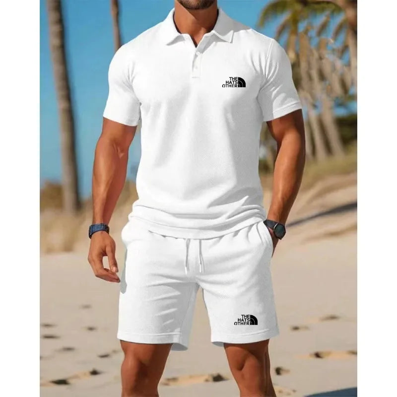 Daily essential men's casual Polo set exquisite letter printing soft glutinous fabric home fitness jogging versatile shorts set