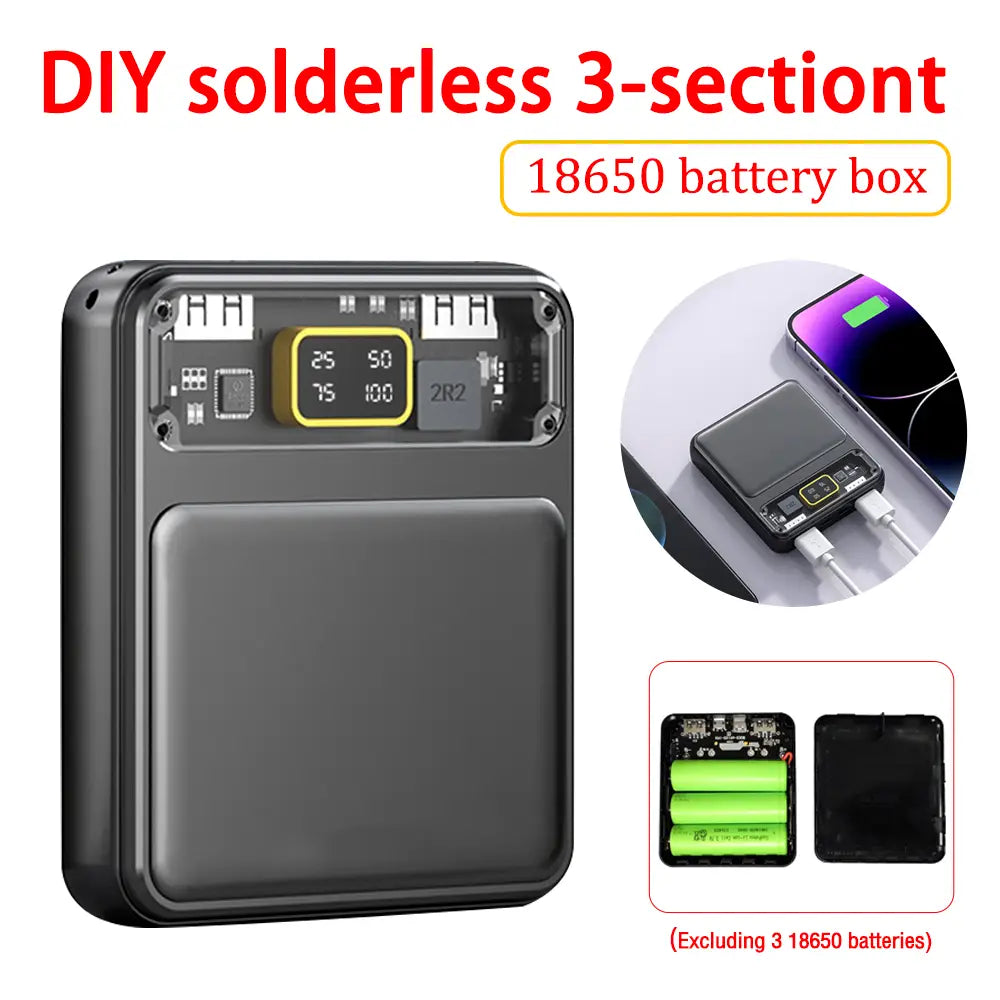 Schwarze DIY-Lötfreie 3-teilige 18650-Akkubox mit Digitalanzeige und sichtbarem Leiterplatten-Innenleben zur Verwendung mit flachen Akkus in einem transparenten DIY-Powerbank-Gehäuse für Mobiltelefone.