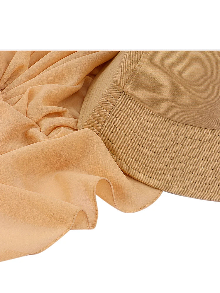New Muslim Women Bucket Hat With Chiffon Hijabs Summer Sports Cap With Hijab Ready To Wear Instant Hijab Islam Headscarf