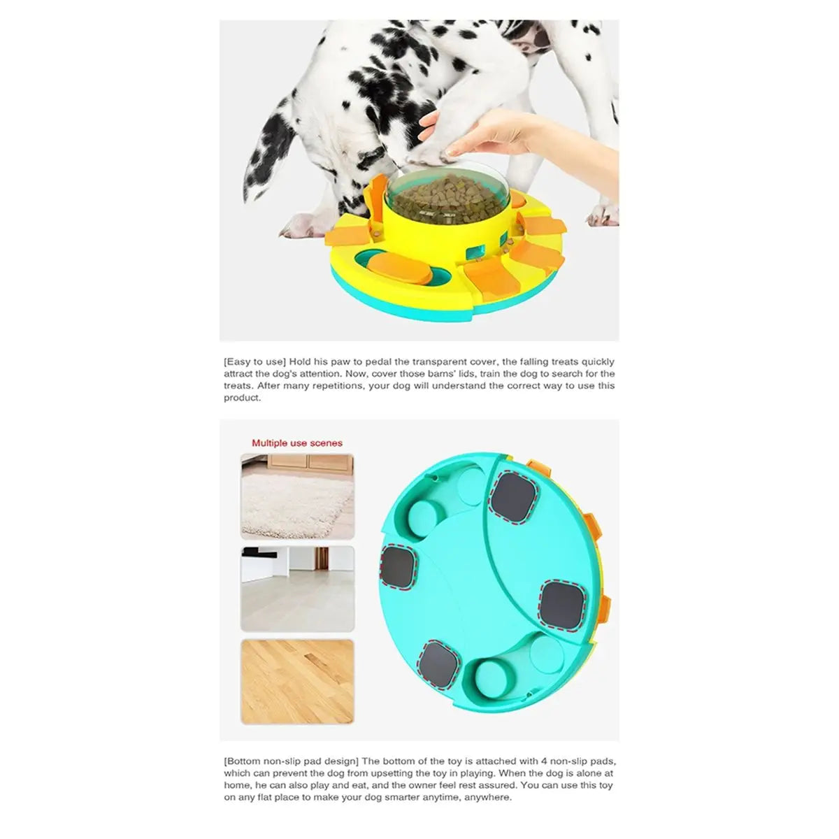Bright yellow and teal circular slow feeder dog puzzle and dry food dispenser with orange paw-shaped slots for controlled feeding.