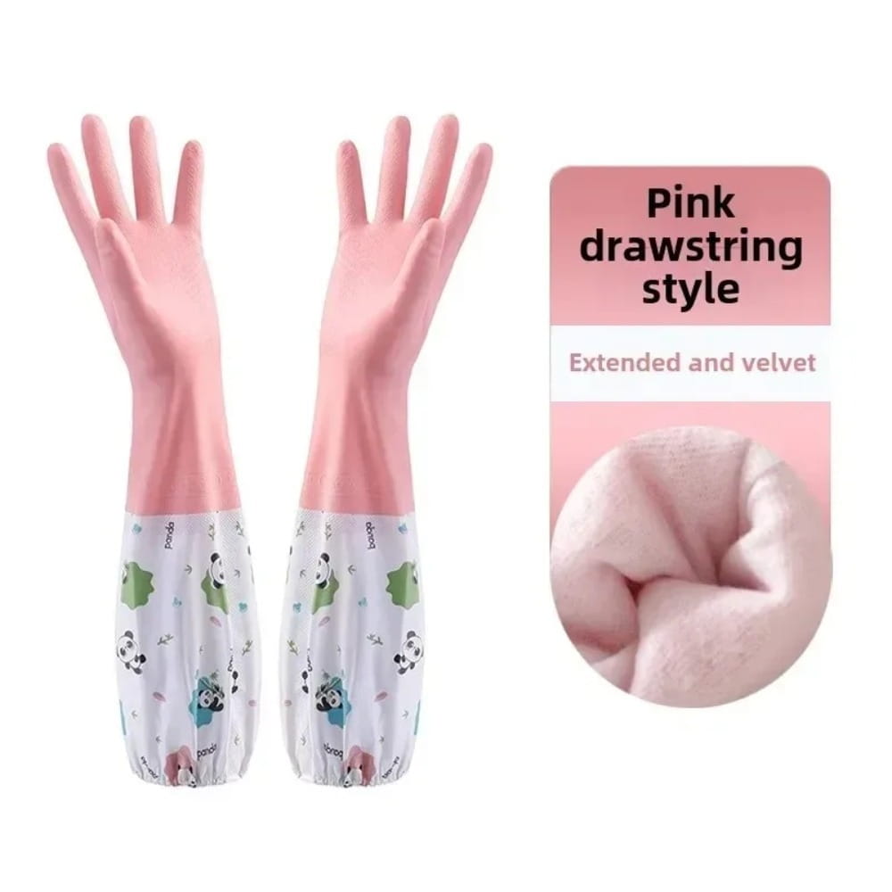 pink waterproof cleaning gloves with drawstring style, soft velvet cuff, and panda patterned fabric on the forearm section shown from the back side
