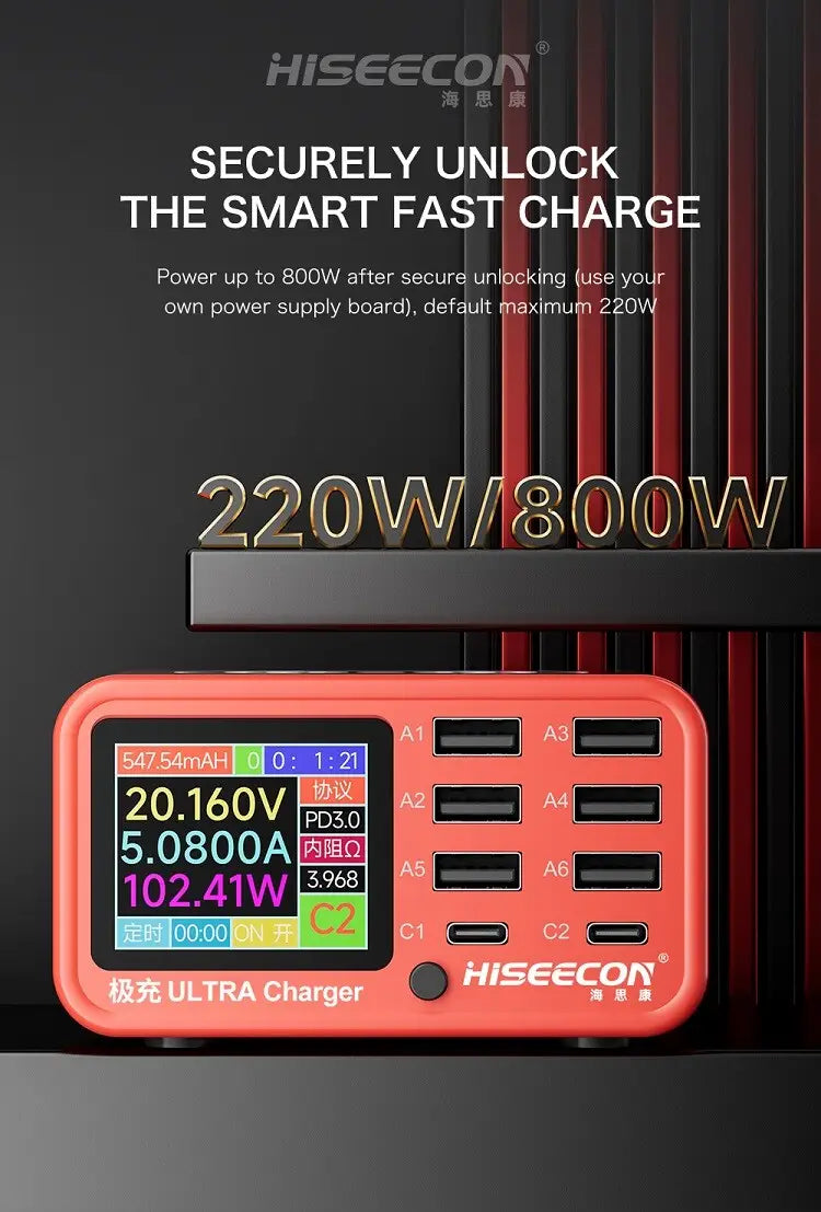 Orange hiseecon ultra charger charging station 100w usb multi port desktop charging station with multiple usb ports and digital display showing charging metrics.