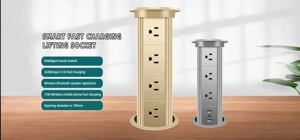Gold and silver smart fast charging lifting sockets with multiple USB ports and standard electrical outlets for an embedded wireless desktop charger 15w