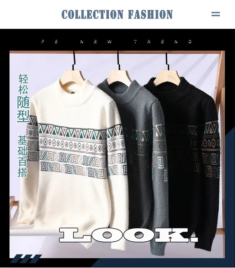 Herren-Strickpullover mit geometrischem Muster, dick, Winterpullover in Cremegrau und Schwarz mit geometrisch gemusterten Bändern über Brust und Ärmel.